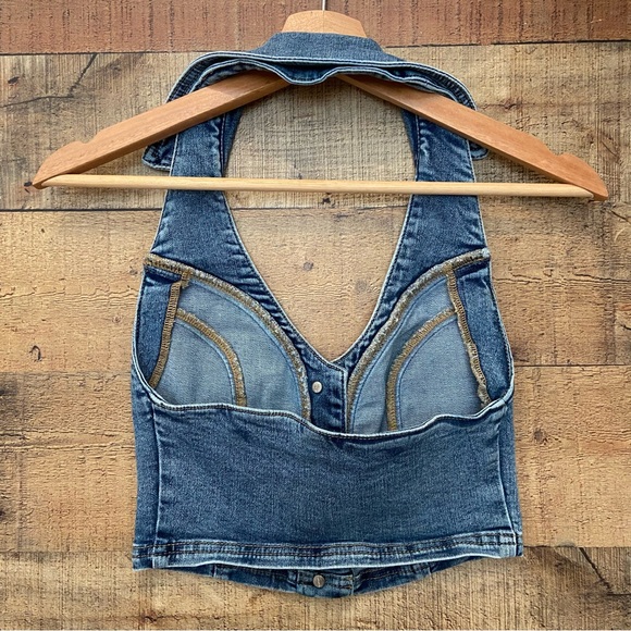 Denim Button-Up Halter Stretch Top Festival Rodeo Western Coastal Cowgirl - Picture 8 of 11
